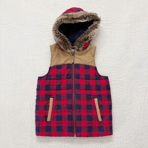 Hanna Andersson Kids Buffalo Plaid Puffer Vest Faux Fur Hood Red Navy Size 140